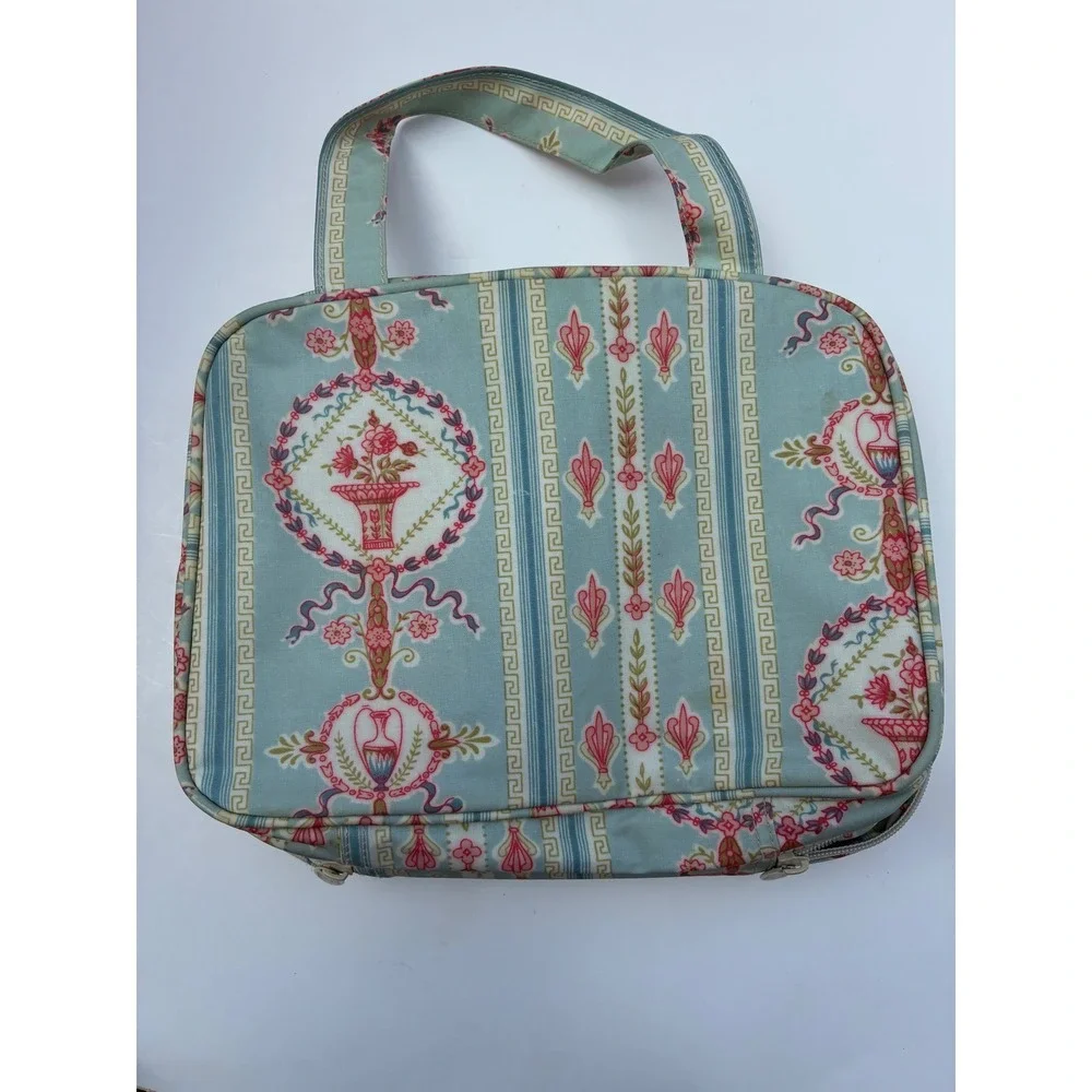Vintage Style Floral Urn Stripe Travel Toiletry Bag Organizer Blue Pink